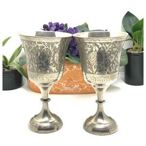 Pair Of Vintage Silver-Plated Ornate Goblets With Floral Design